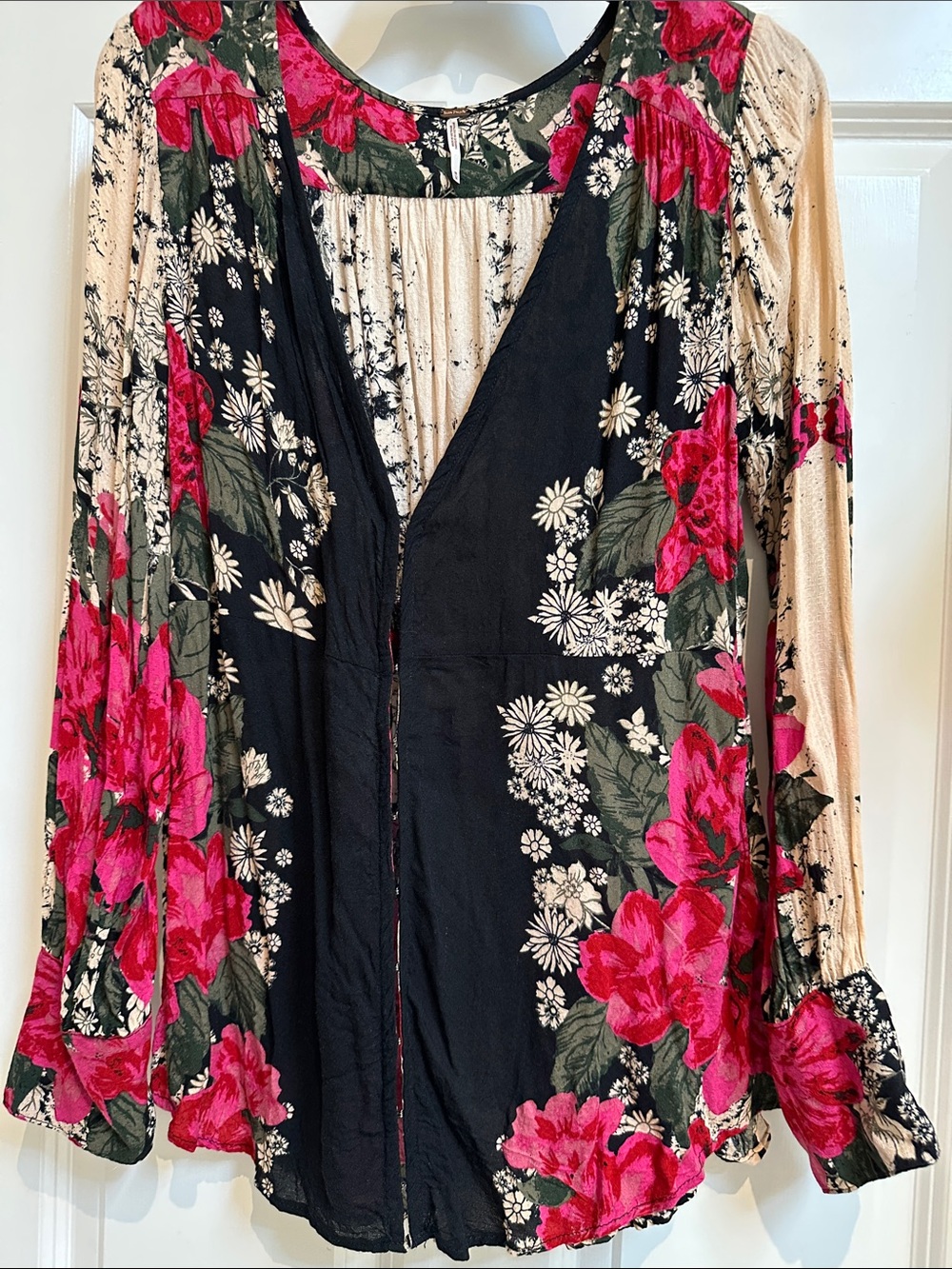 Free People Boho Black Floral top with Pink & Cream Blooms hook and eye closures - Picture 5 of 5